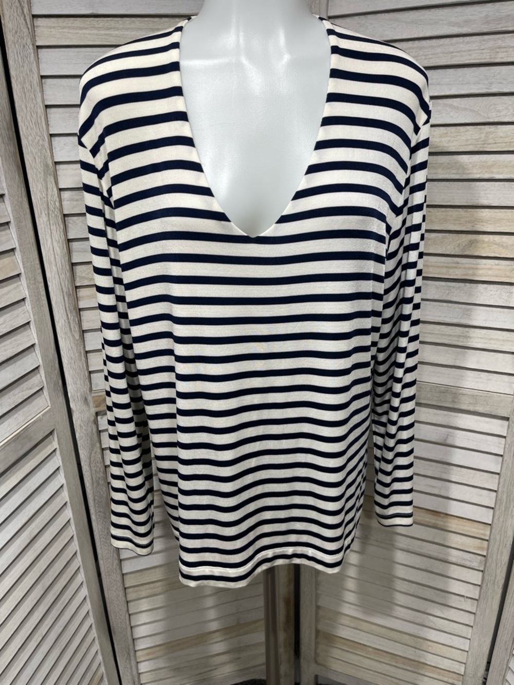 Chico's Navy & White Striped V-Neck Long Sleeve Top